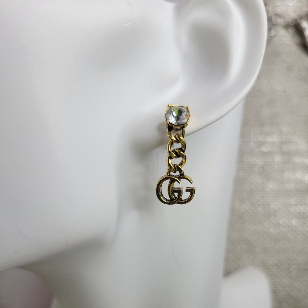 Crystal GG Gold Chain Drop Earings, New